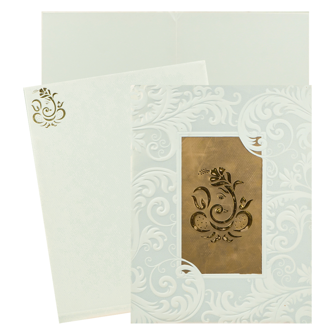 White Embossed Ganesha Wedding Card-KNK1828
