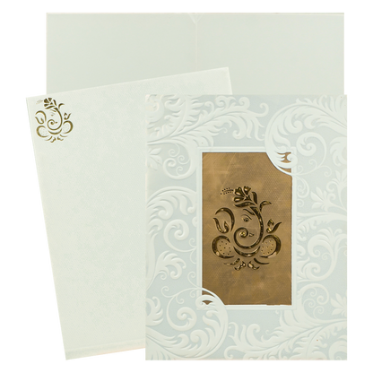 White Embossed Ganesha Wedding Card-KNK1828