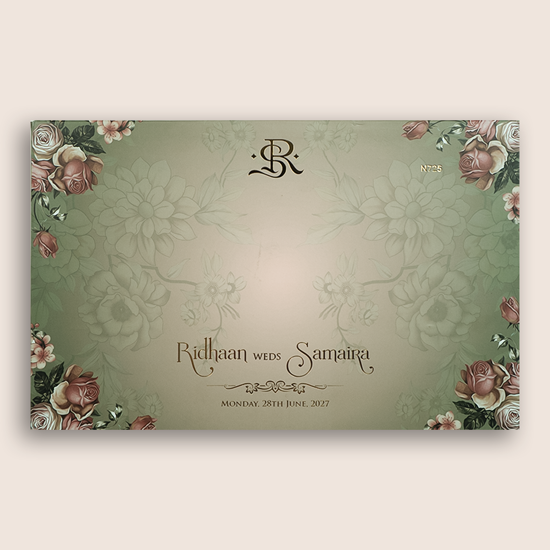 Green Rose Floral Embossed Padded Wedding Card - KVN07250