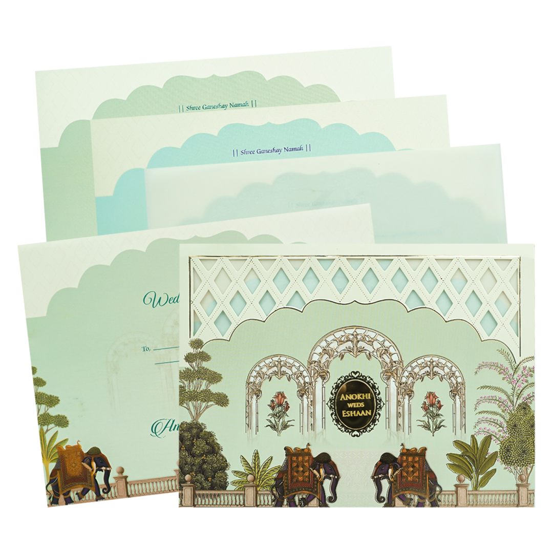 Check out Cream Palace Arch Royal Elephant Wedding Card at best price.✅WhatsApp Support ✅Express Delivery.|King of cards.