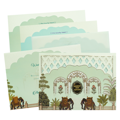 Check out Cream Palace Arch Royal Elephant Wedding Card at best price.✅WhatsApp Support ✅Express Delivery.|King of cards.