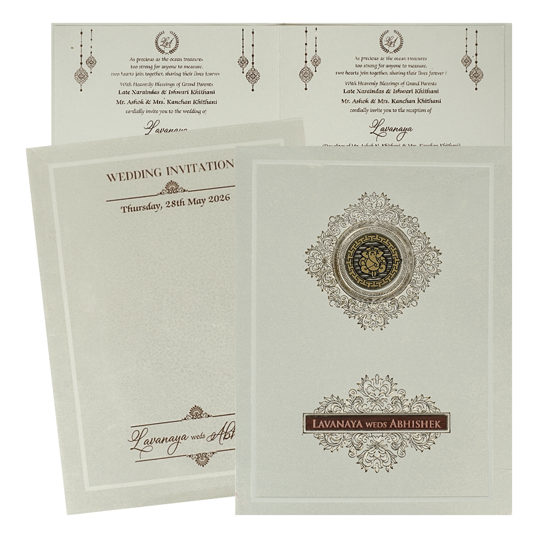 White Padded Ganesha Floral Premium Wedding Card-KRE26860