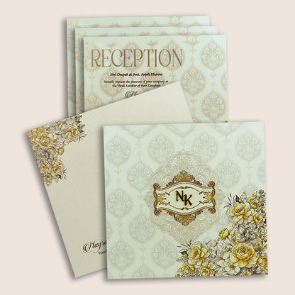 White Embossed Floral Padded Wedding Invitation Card - KPR024110