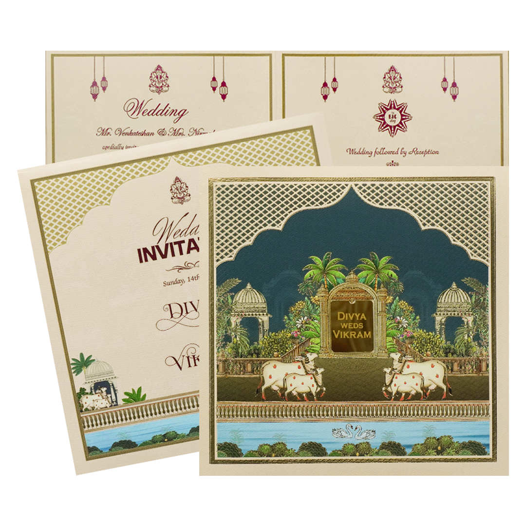 Navy Blue Kamadhenu Palm Wedding Card-KNKD8113