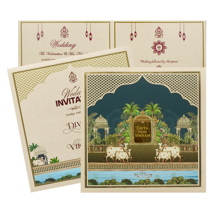 Navy Blue Kamadhenu Palm Wedding Card-KNKD8113