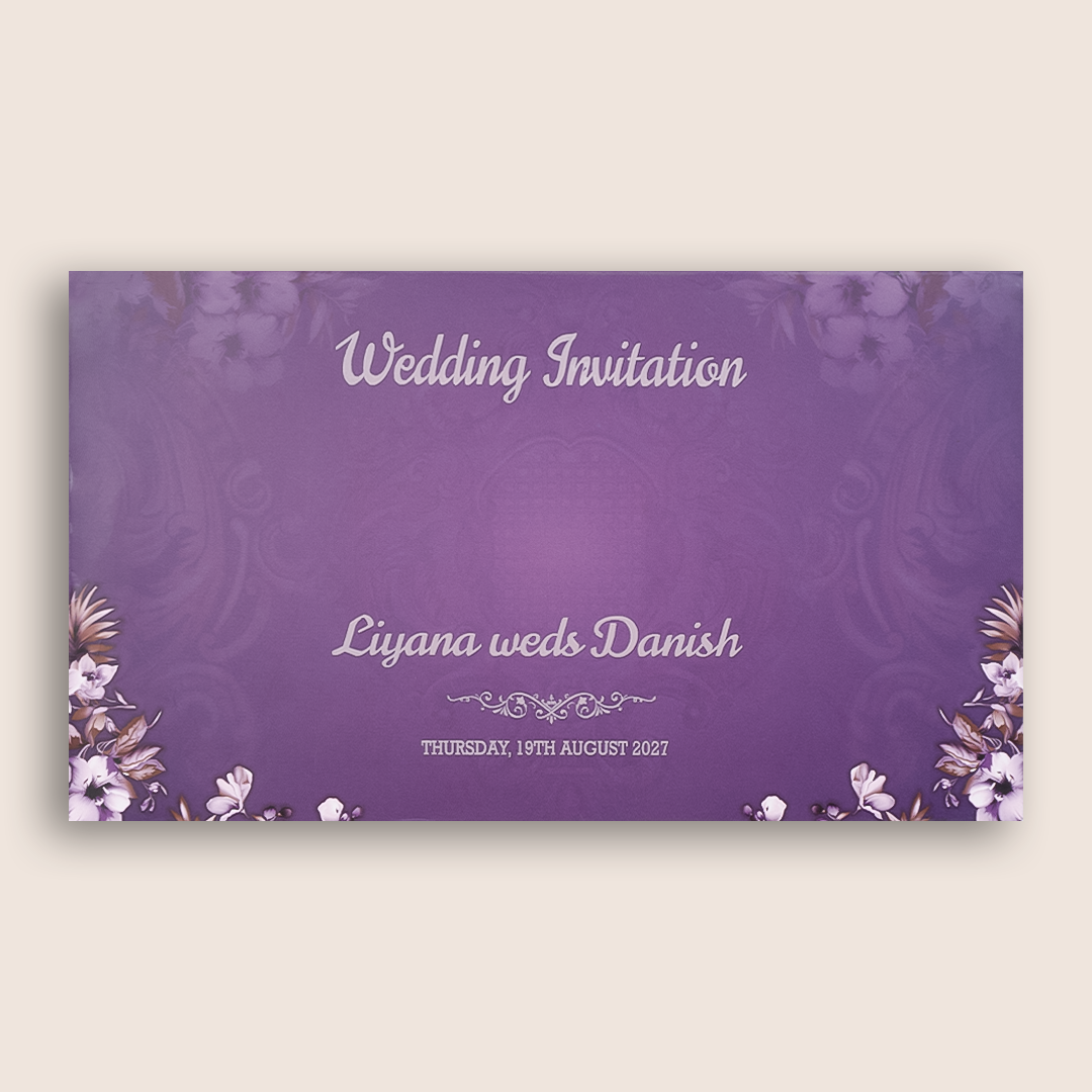 Purple Floral Three Fold Padded Wedding Card - KVN07450