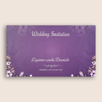 Purple Floral Three Fold Padded Wedding Card - KVN07450