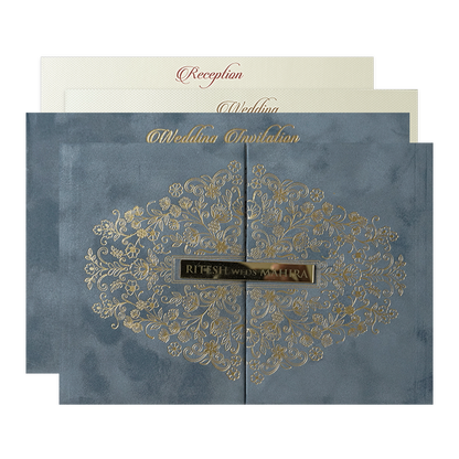Grey Floral Gatefold Padded Wedding Card-KMMWD1165