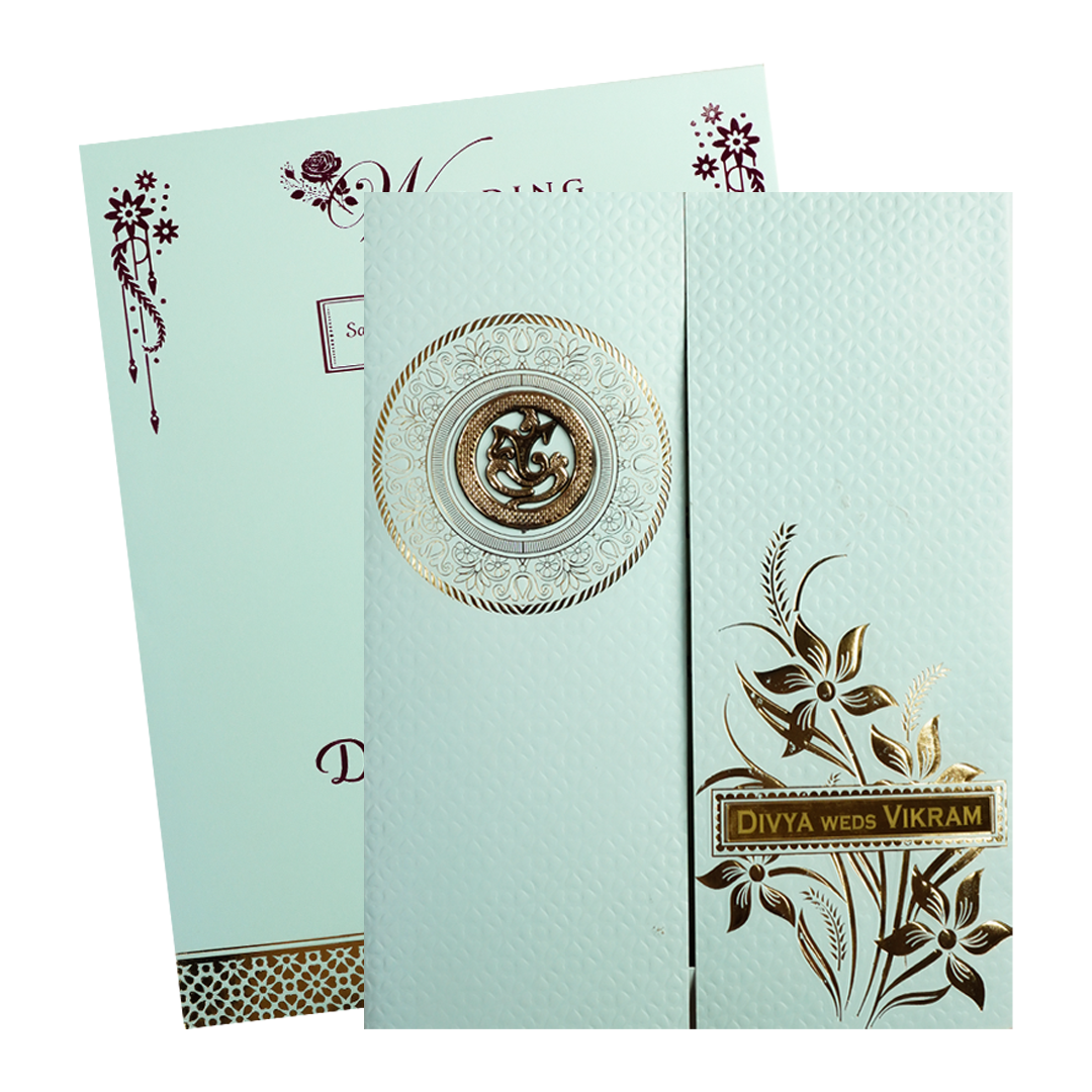Mint Blue Ganesha Floral Wedding Card-KNZ7203BL