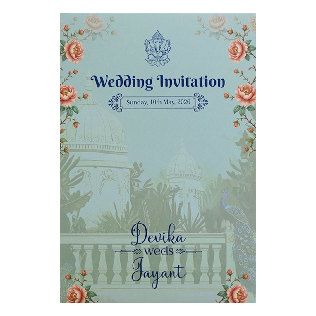 Mint Blue Padded Palace Peacock Wedding Card- KVN07380