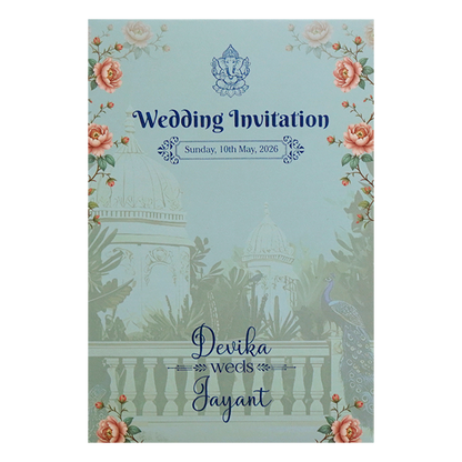 Mint Blue Padded Palace Peacock Wedding Card- KVN07380