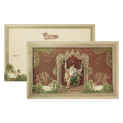 Brown Krishna Radha Padded Wedding Card-KSSC2430