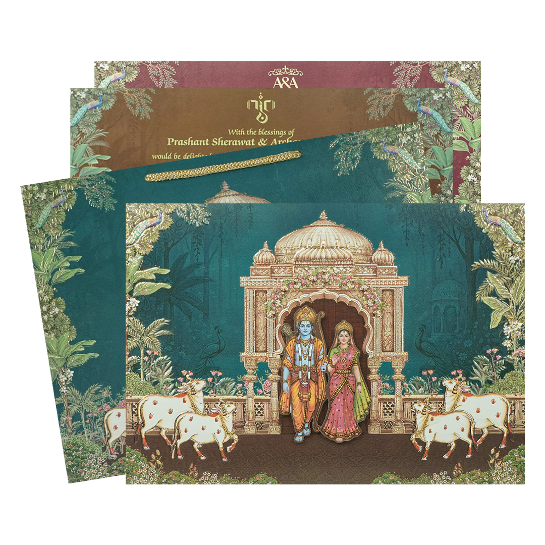 Navy Blue Ram Sita Mandir Bag Style Wedding Card-KSI6517R
