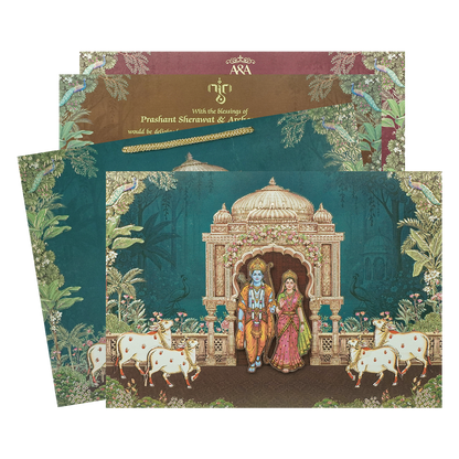 Navy Blue Ram Sita Mandir Bag Style Wedding Card-KSI6517R