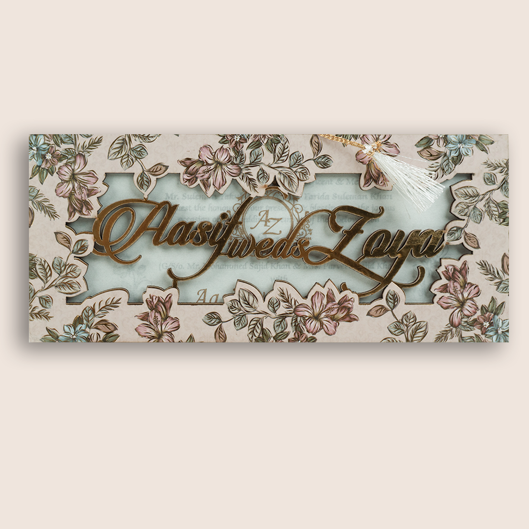 Light Pink Floral MDF Laser Cut Wedding Invitation Card - KVN07140