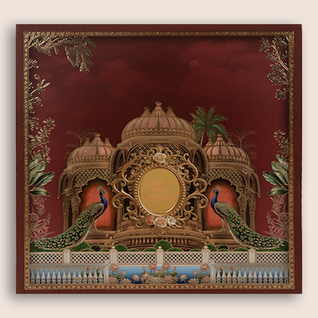 Maroon Jharokha Design Peacock Wedding Invitation - KNSR8811M