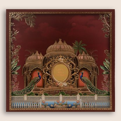 Maroon Jharokha Design Peacock Wedding Invitation - KNSR8811M