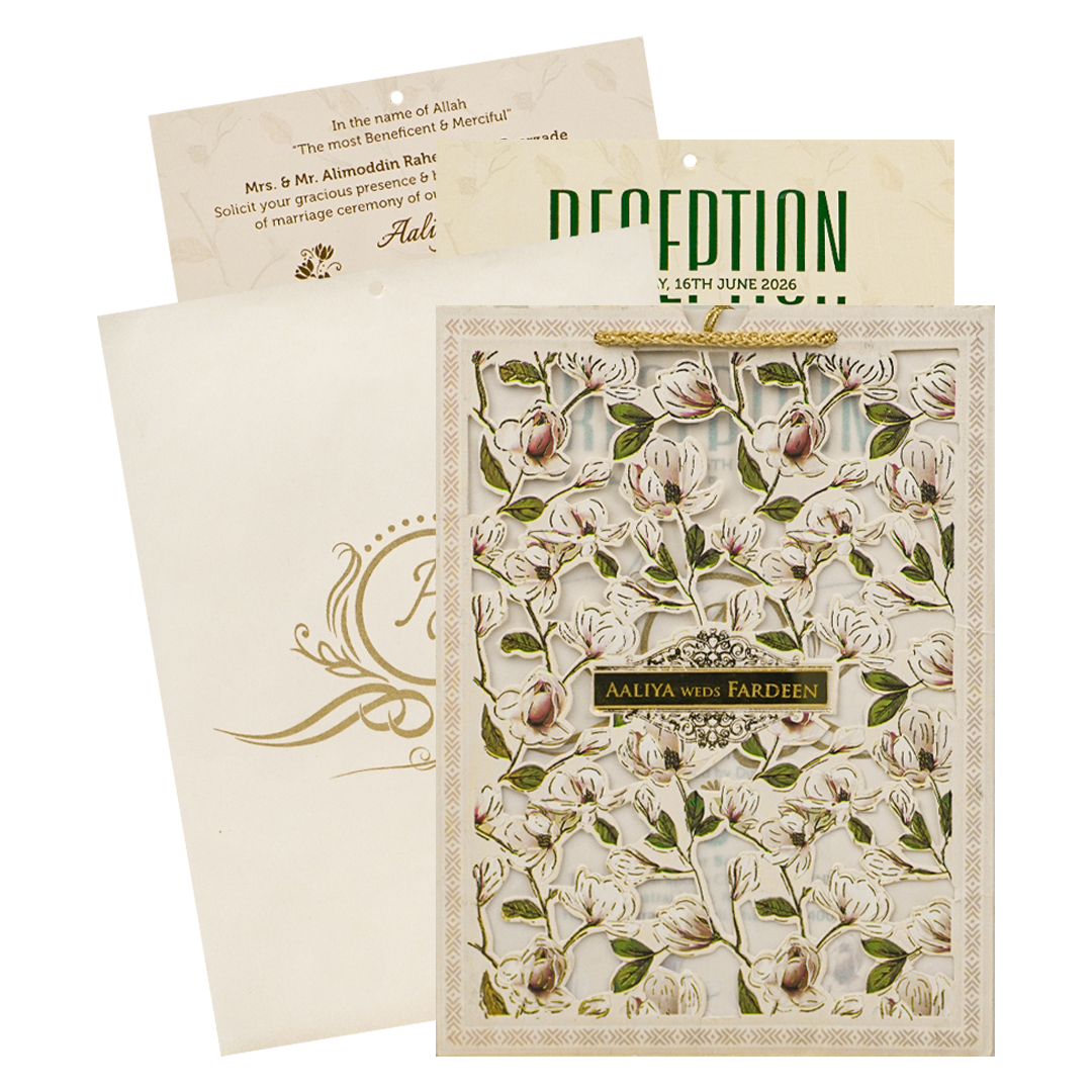 Cream Pink Floral Laser Cut Wedding Card-KVN06350