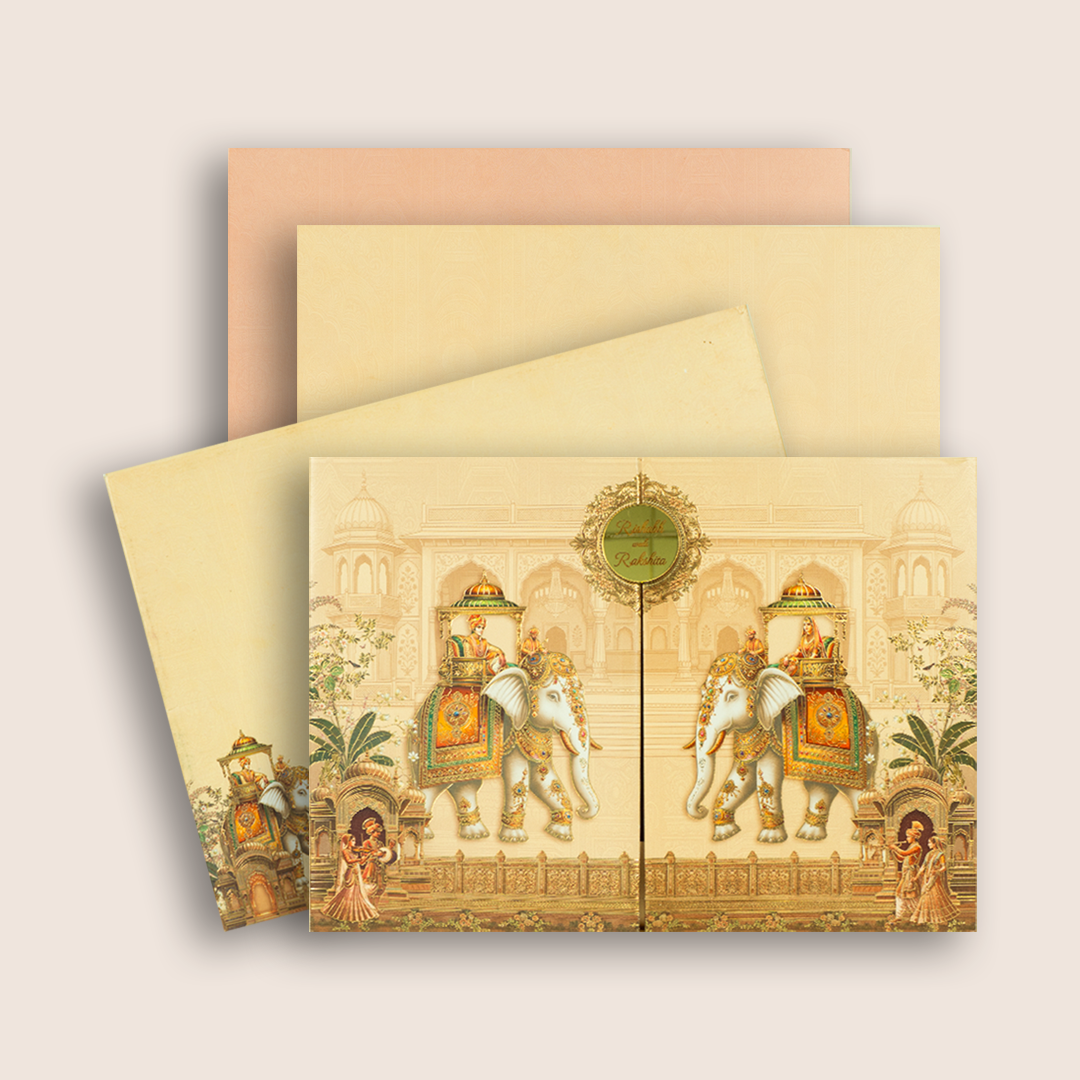 Cream Padded Elephant Door Style Wedding Card - KAA06060