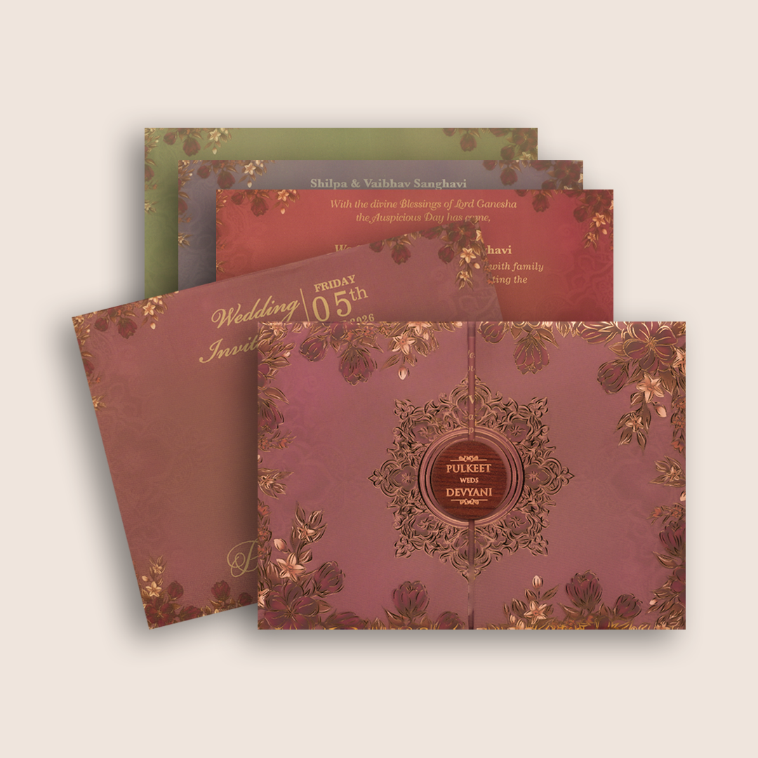 Dark Pink Floral Door Style Padded Invitation Card - KJTS1832