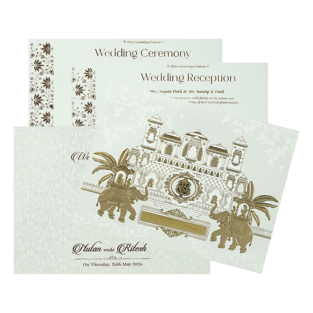 White Palace Royal Elephant Padded Wedding Card-KRE28360