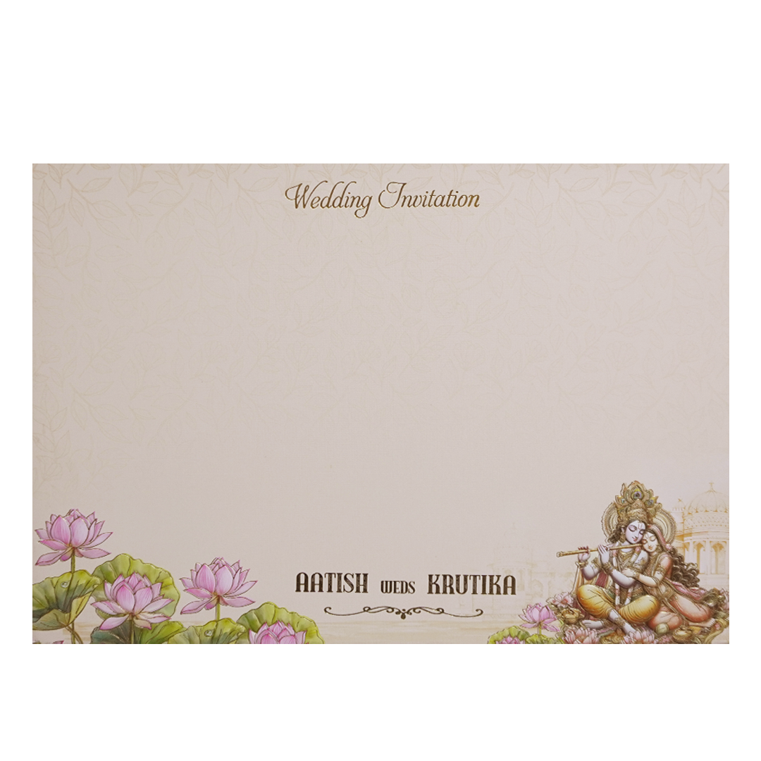 Orange Radha Krishna Palace Padded Wedding Card - KMMWD1145