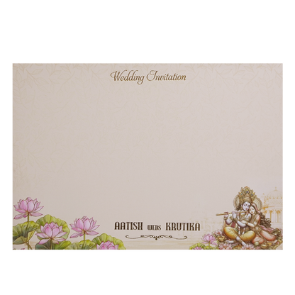 Orange Radha Krishna Palace Padded Wedding Card - KMMWD1145