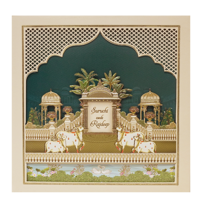 Palace Cream &amp; Blue Padded Wedding Card-KMMEX8070