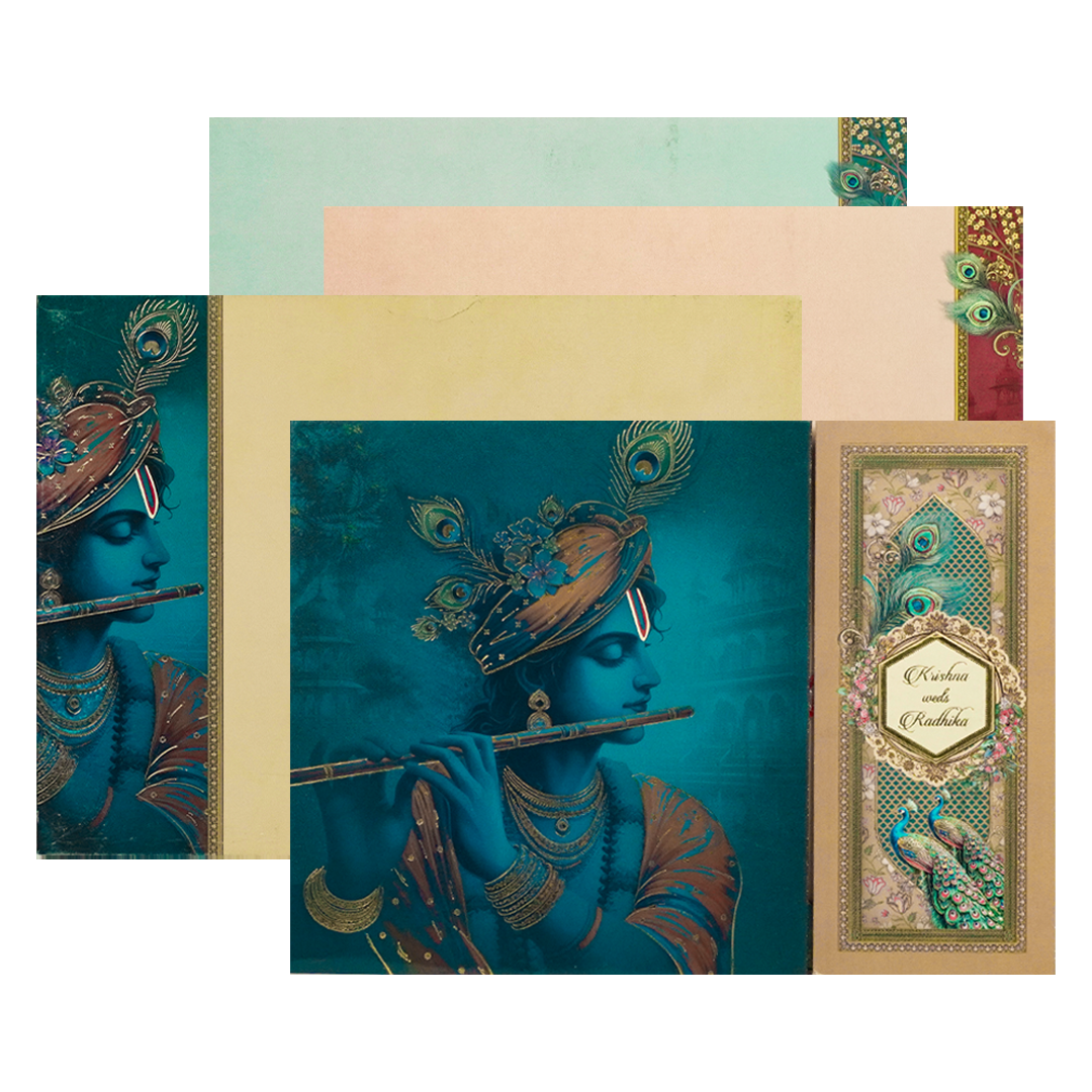 Blue Padded Floral God Wedding Card-KAK01740