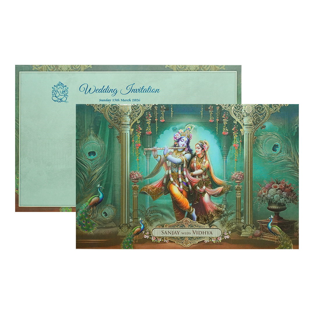 Green Radha Krishna Padded Wedding Card-KSH72010