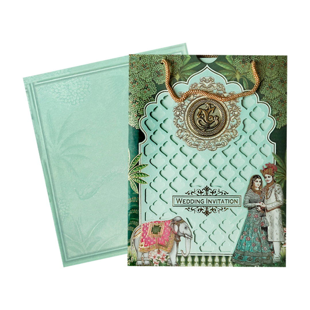 Regal Green Ganesha Wedding Card-KNAV1802