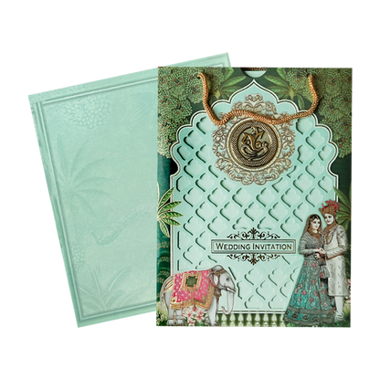 Regal Green Ganesha Wedding Card-KNAV1802