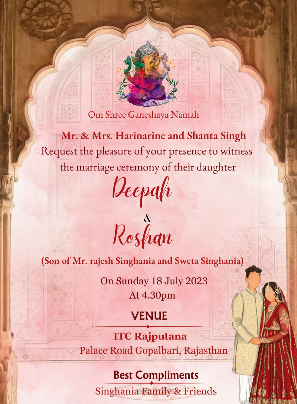 Baby Pink Arched Rajasthani Wedding Invitation-AARWI007