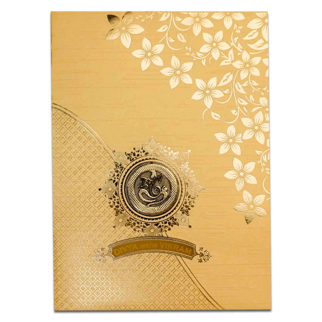 Yellow Gold Floral Ganesha Wedding Card-KNRM7082G