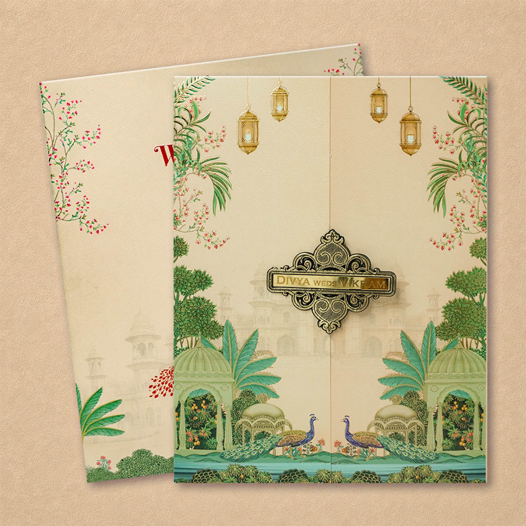 Pink Padded Peacock Palace Wedding Card-KNKN6320