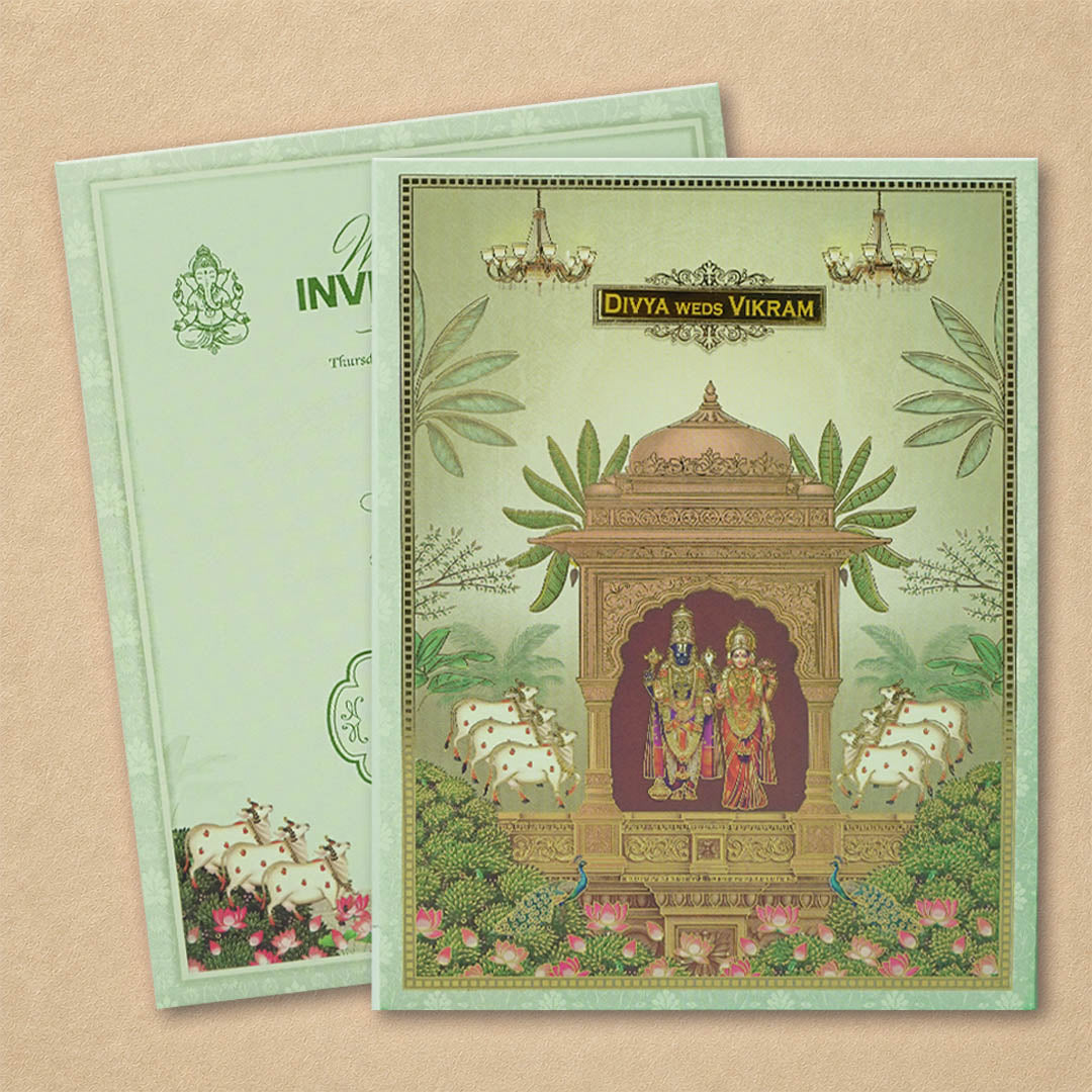 Green Floral Lord Balaji Padmavathi Wedding Card-KNKJ1158