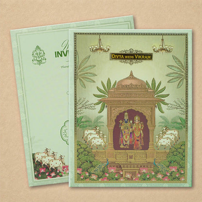 Green Floral Lord Balaji Padmavathi Wedding Card-KNKJ1158