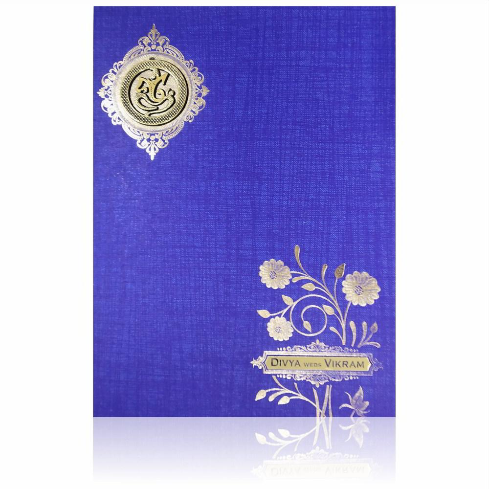 Blue Metallic Floral Print And Ganesha With Gold Foiling-KNCM819B