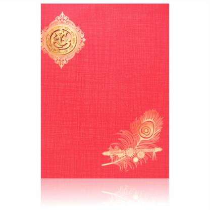 Red Classic Paper Print Peacock Feather With Flute Wedding Card-KNCP811R