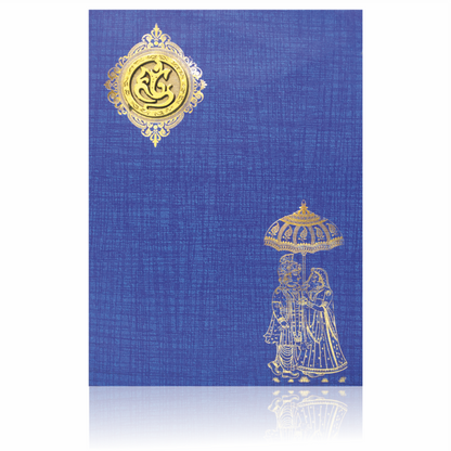 Blue Classic Paper Print Bride And Groom Wedding Card With Ganesha Emblem-KNCP814B