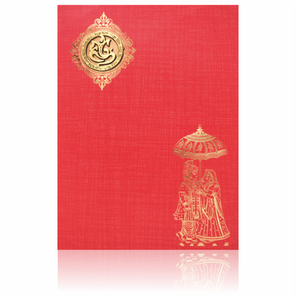 Red Classic Paper Print Bride And Groom Wedding Card With Ganesha Emblem-KNCP814R