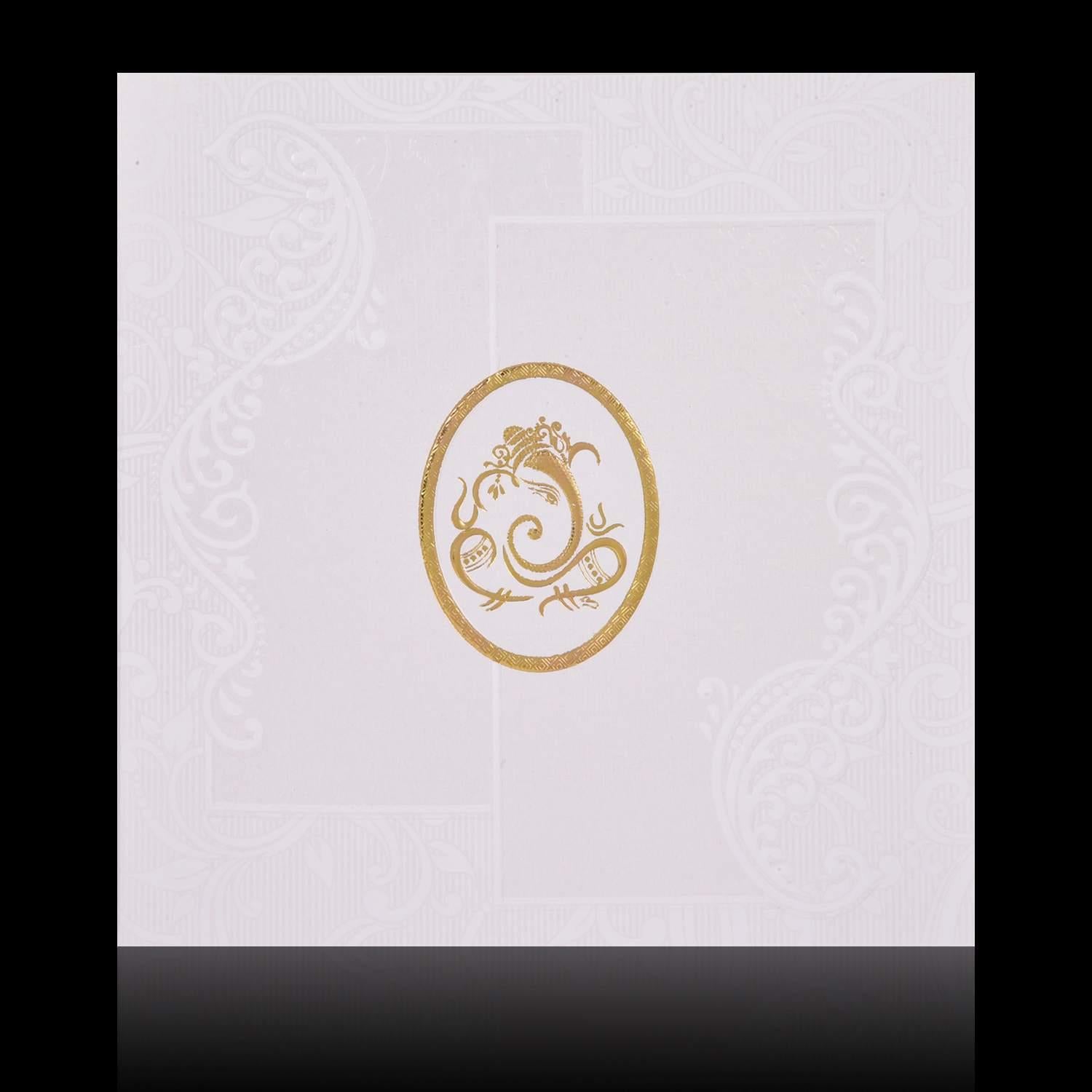 Gold Foiling Embossed Ganesha With Pristine White Shading Wedding Card - KNK08190