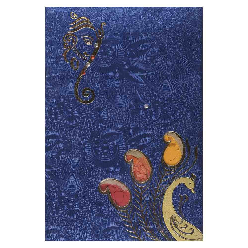 Invitation Card - Ganesha and Peacock invitation card on Metallic blue - KNK1256