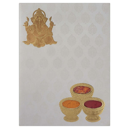 Artistic White Shading With Gold Foiling Ganesha Design Padded Wedding Card - KNK2170