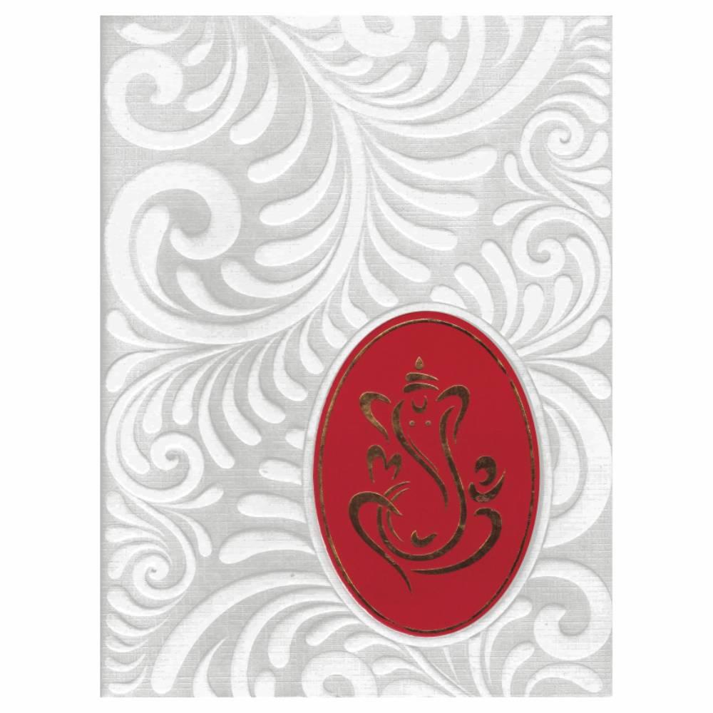 White Floral Red Ganesha Wedding Card-KNK2299