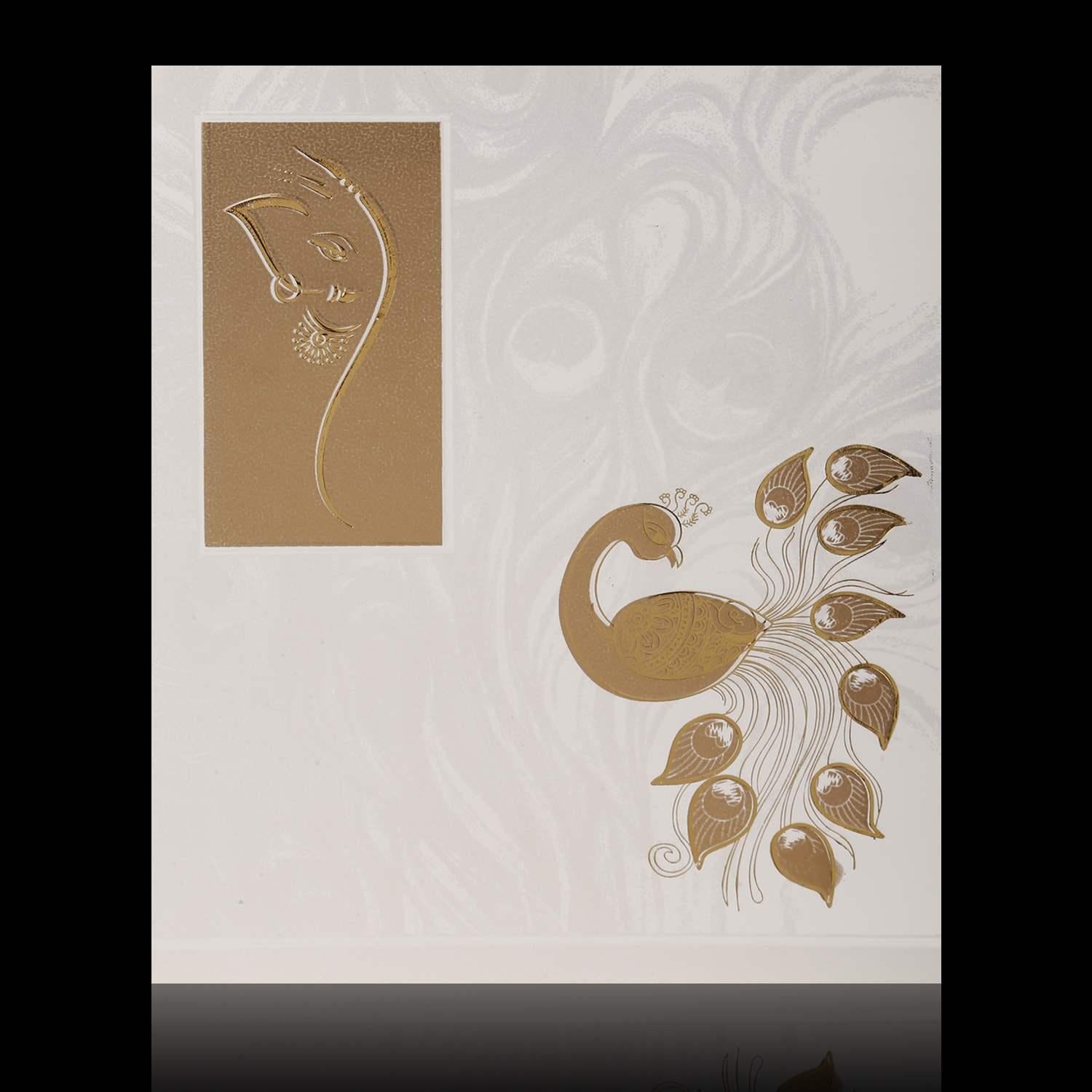 Gold Foiling Ganesha With Peacock Theme Wedding Card - KNK2778
