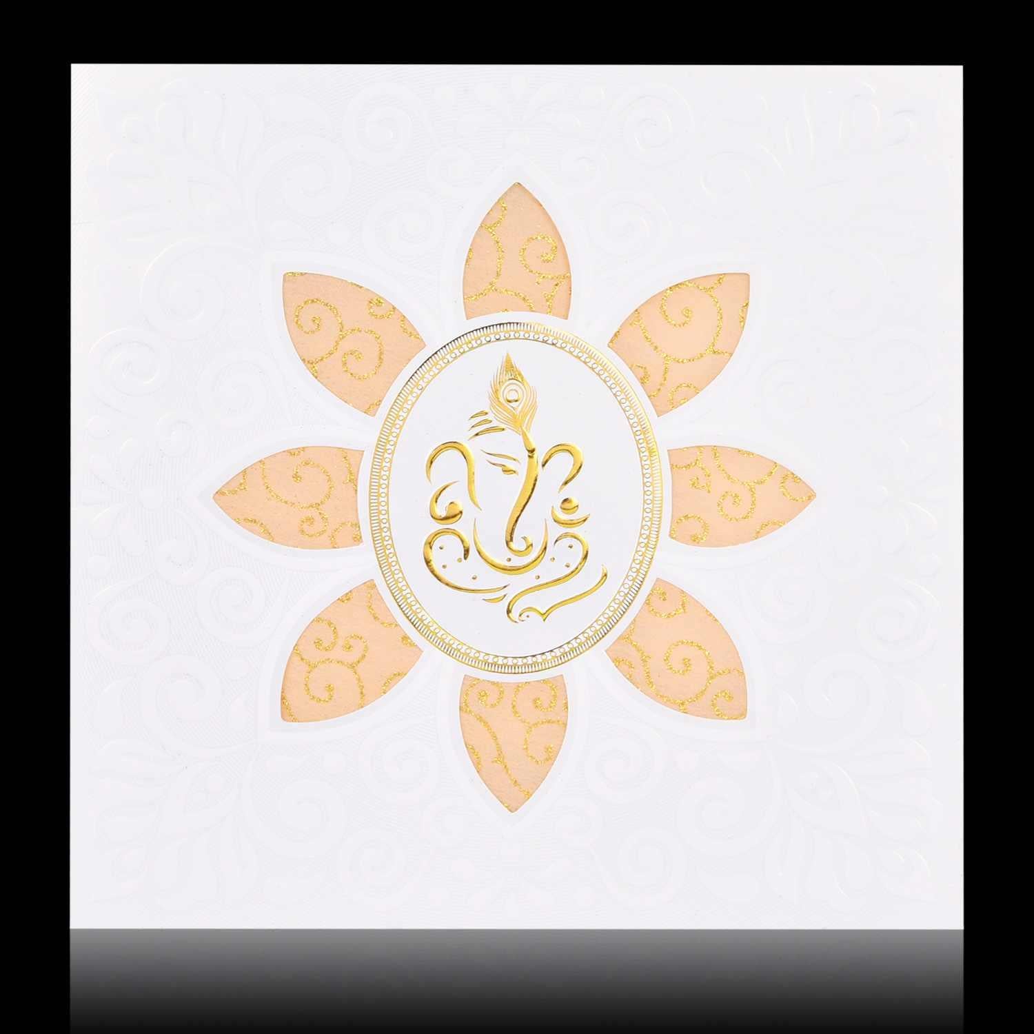 Gorgeous Gold Foiling Ganesha With Cut Design Wedding Card - KNK30530