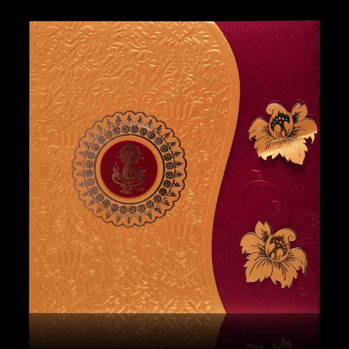 Marvellous Maroon Shading With Flower Cut Wedding Card - KNK3678-King of Cards