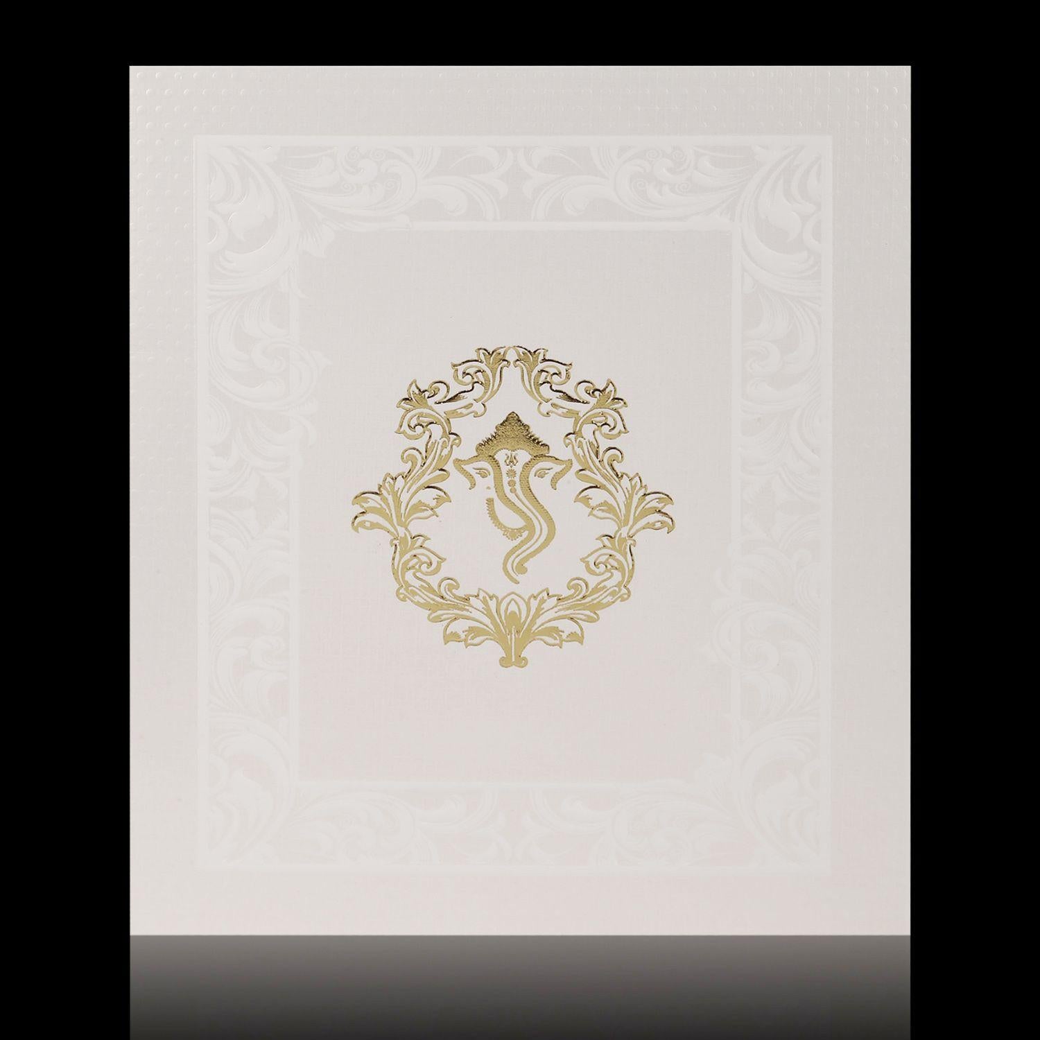 Pristine White Shading Flower Design With Ganesha Theme Wedding Card - KNK4255