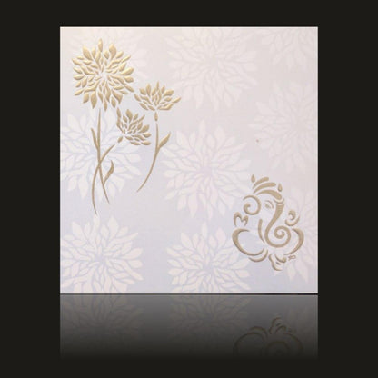 Glossy Flower White Color Ganesha Wedding Card - KNK43261